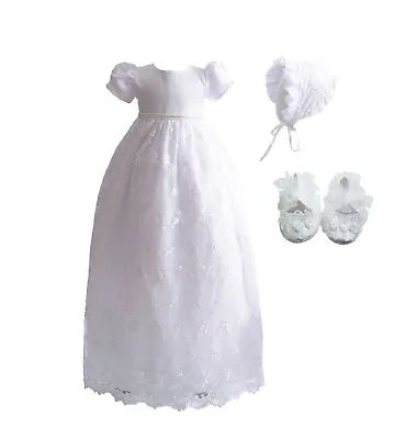 £33.99 • Buy  Long Lace Christening Gown Bonnet And Shoes 0-3 3-6 6-9 Months White Ivory 