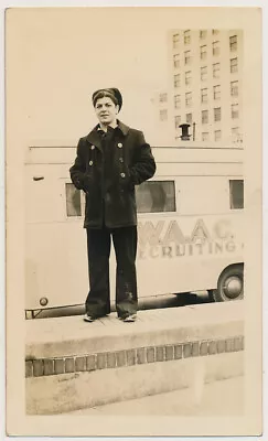 HANDSOME PEACOAT NAVY MAN By WAAC RECRUITING TRUCK Vtg WW2 ERA Photo SAILOR • $12.50