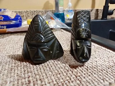 Mayan Or Tiki God Statue Black Stone Onyx Opalescent Gold Tones Figures Set Of 2 • $20