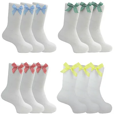 £5.85 • Buy Girls Ankle Socks Gingham Check Bow Summer Uniform Back To School 3 Pairs