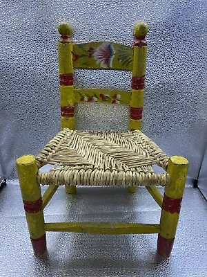 VTG Hand Painted Mexico Child Doll Wooden Wood Chair Yellow Red Flowers Straw • $39