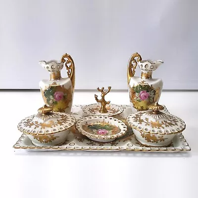 Antique Victoria 7 Pc. Porcelain Dresser Tray Vanity Set Circa 1900 S • $189