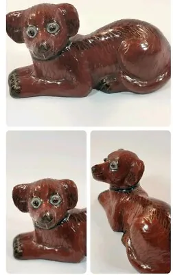 Vintage Enamel On Metal Dog Figurine Brick Brown Color Red Glass Eyes 4  • $4.99