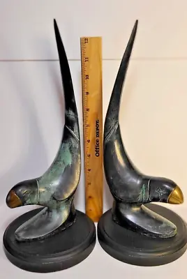 Pair Vintage Art Deco Verdis Gris Patina Bronze Parrot Statues Figurines Bookend • $124.94