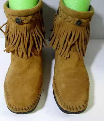 Minnetonka Brown Suede Leather Moccasin Fringed Ankle Boots Back Zip 297T • $17.50