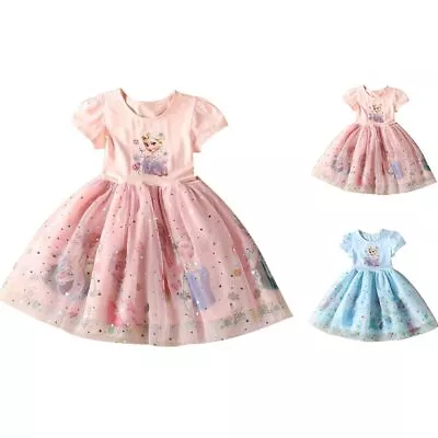 Kids Girls Elsa Short Sleeve Princess Tutu Fancy Dress Up Party Cosplay Costume • £9.89