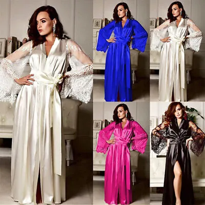 Ladies Sexy  Satin Lace Nightdress Robe Lingerie Sleepwear Dressing Gown • £9.80