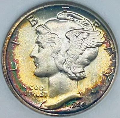 1944 10C NGC EMBOSSED FATTY MS65 CAC Rainbow Toned Mercury Dime 289002 • $224.95