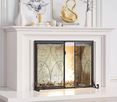 2-Panel Fireplace Screen With Doors Handcrafted Wrought Iron Decorative Mesh • $60