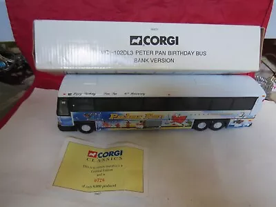 Diecast Metal Corgi Peter Pan Birthday Bus MCI-102DL3 #98431 Bank Version • $20