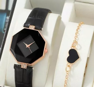 Watch Gift Set For Women Ladies Black & Gold WATCH + BRACELET SET  Top Quality • £7.99