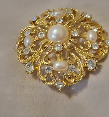 Estate Vintage Napier Maltese Cross Faux Pearl Gold Tone Pin Brooch Signed • $19.75