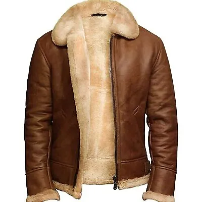 Men's RAF Aviator Real Sheep Skin Leather Coat Bomber B3 Tan Brown Jacket • $199.99