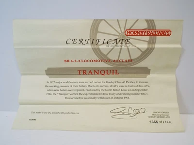£10 • Buy Hornby R140 Class A3 Tranquil Certificate Only Only Excellent  (sp266)