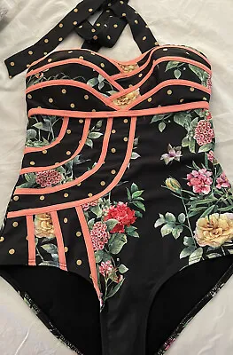 HIGH DIVE Women’s ModCloth  Floral Black Red Multi Halter Swimsuit Small Nwot • $24.99