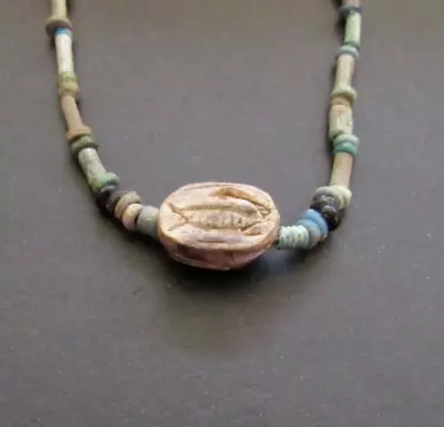 NILE  Ancient Egyptian Scarab Amulet Mummy Bead Necklace Ca 600 BC • $100