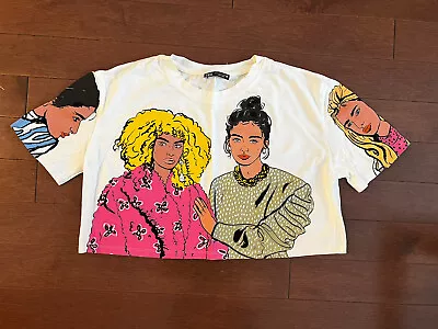 $25 • Buy ZARA NEW  100% COTTON  Small White T-SHIRT/Crop Top GIRLS PRINT & VELVET