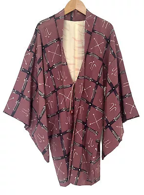 VTG Japanese Purple Print Silk Kimono Jacket Overcoat Lining No Size Tag  M/L￼ ? • $54