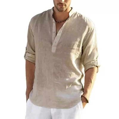 Mens Solid Linen Beach Shirts Cotton Casual Loose Long Sleeve Shirt Blouse Tops • $11.30