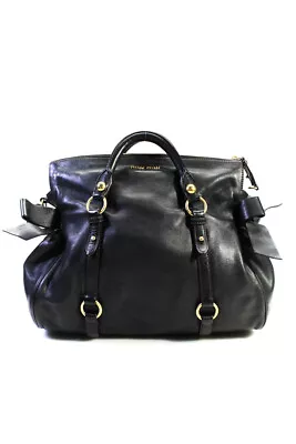 Miu Miu Womens Top Zip Logo Double Bow Grain Leather Shoulder Handbag Black • $199.99
