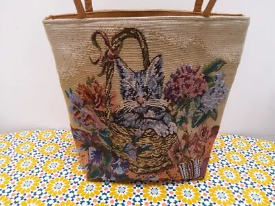 Vintage Cute Kitten In A Basket Tapestry  Bag  1980’s • £18