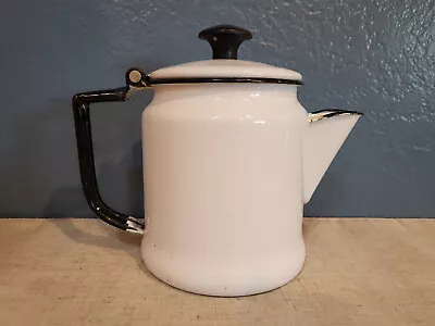 Vtg 4 Cup White Enamel Coffee Tea Pot Black Trim Farmhouse Farmcore Cottagecore • $19