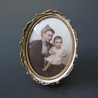 Mother And Child Small Oval Picture Frame Brass Velvet Convex Glass Vintage READ • $34