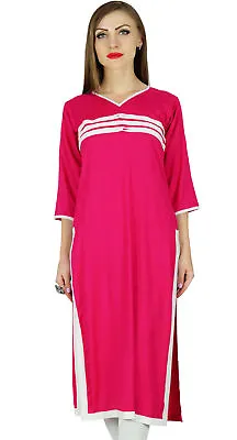 Bimba Pink Rayon Kurta Kurti 3/4 Sleeve Indian Casual Clothing Long Blouse • $30.35