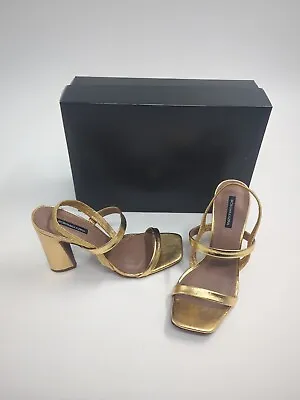 BCBG MAX AZRIA Gold  Metallic Leather Estelle Open Toe Heels Size 6M/37 • $29.80