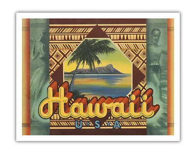 Hawaii USA - Hawaiian Hula Dancer Surfer - Vintage Travel Poster C.1937 • $12.98