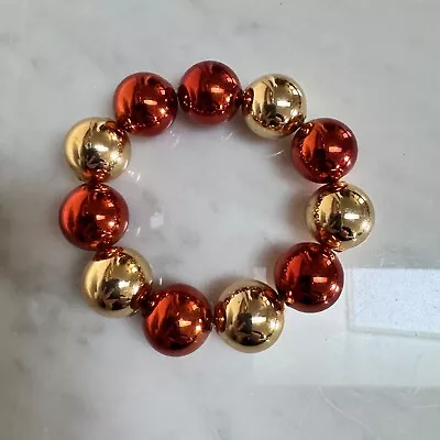 Vintage Shiny Chunky Beaded Elastic Bracelet Gold & Burnt Orange Round Bead 18mm • $12