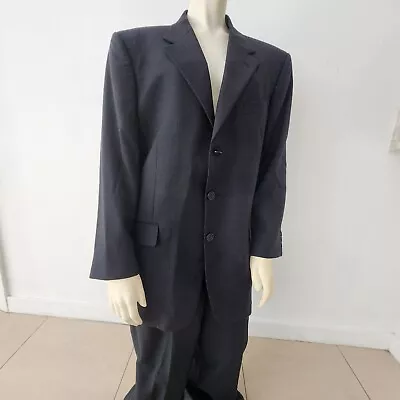 Men's Three Button Suit Size 42 Pleaded Pants Size 30 Black 100% Wool By Coverra • $25.99