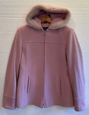 Mackintosh New England Coat Women Medium Pink Faux Fur Hood Wool Zip Jacket • $67.49