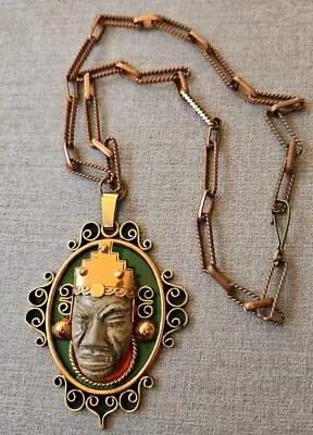 Vintage Diaz Santoyo Aztec Mayan Mexico Massive Copper Enamel Face  Necklace • $94.99