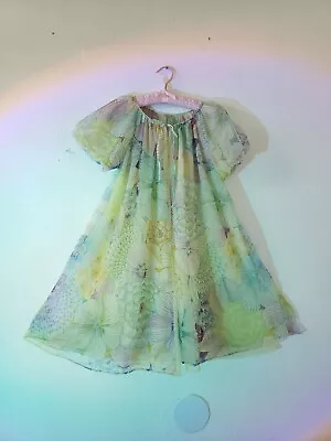 Vtg 60s Miss Elaine Floral Chiffon Puff Sleeve Robe Peignoir Babydoll Night Gown • $35