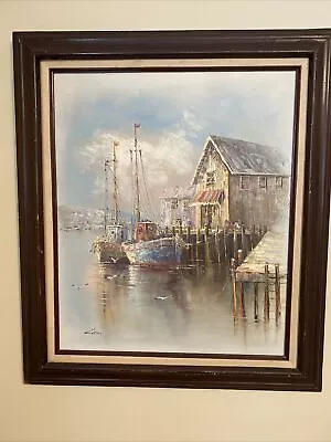 Original Hand Painted Framed Oil Painting Of N.E. Fishing Harbor By John Luini • $2200