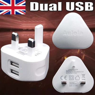 £4.68 • Buy Mains Wall 3 Pin Plug Adaptor Charger Power 2 USB Ports For Phones Tablets CE UK