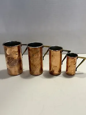 4 Vintage Copper Cups W Brass Handle Measuring Cups Patina Tin Lined • $42