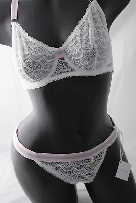 Mimi Holliday ~ BISOU Bisou CANDY ~ Racer Bra Thong Set BNWT UK 36C White Pink L • $40.94