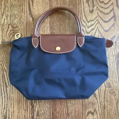Longchamp Le Pliage Women's Tote Bag Small Navy Blue Brown Leather Perfect! • $42.99