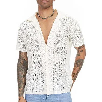 Mens Crochet Floral Lace Short Sleeve Shirt See-Through Mesh Collared Top Party • £15.88