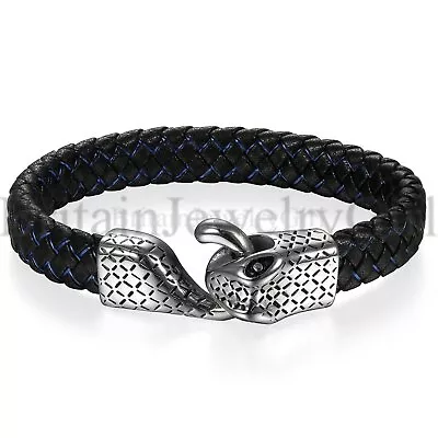 8.26  Viking Leather Braided Bracelet With Stainless Steel Snake Clasp For Men • $10.99