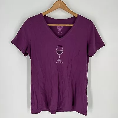 LIFE IS GOOD Womens Purple Half Full Wine Glass V-Neck T-Shirt Size M • £11.11