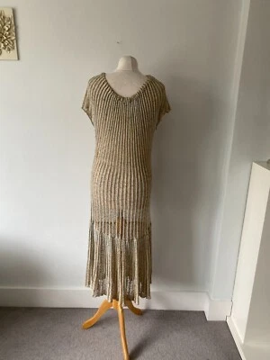 £12.99 • Buy Vintage Beige Pale Blue Open Crochet Knit Midi Dress Quirky Fits 10 12 Length 45