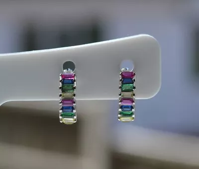 Sterling Silver 925 Mini Multi-Coloured Rainbow Baguette Huggie Hoop Earrings • £10.50