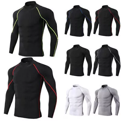 Mens Muscle Compression Armour Base Layer Top Long Sleeve Slim Thermal Gym Shirt • £10.39