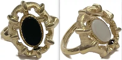 VINTAGE 60s ONYX & Mother Of Pearl 2-SIDED GOLDTONE ADJUSTABLE To Sz 8 RING +BOX • $24