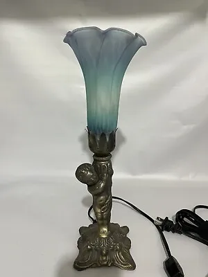 $40 • Buy Vintage Lamp W/ Cherub Metal Base & Blue Frosted Glass Tulip Lily Shade 12 1/2 