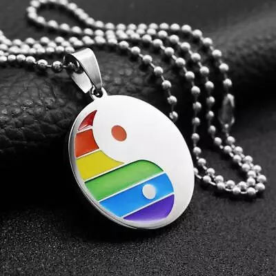 Blesiya Rainbow Pride Necklace Round Dog Tag Tai Chi Ying Yang Pendant Chain • $16.18