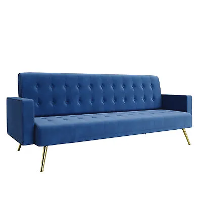 Modern Luxury Velvet Sofa Bed Blue 3 Seater Nonwoven Contrast Gold Metal Legs • £184.99